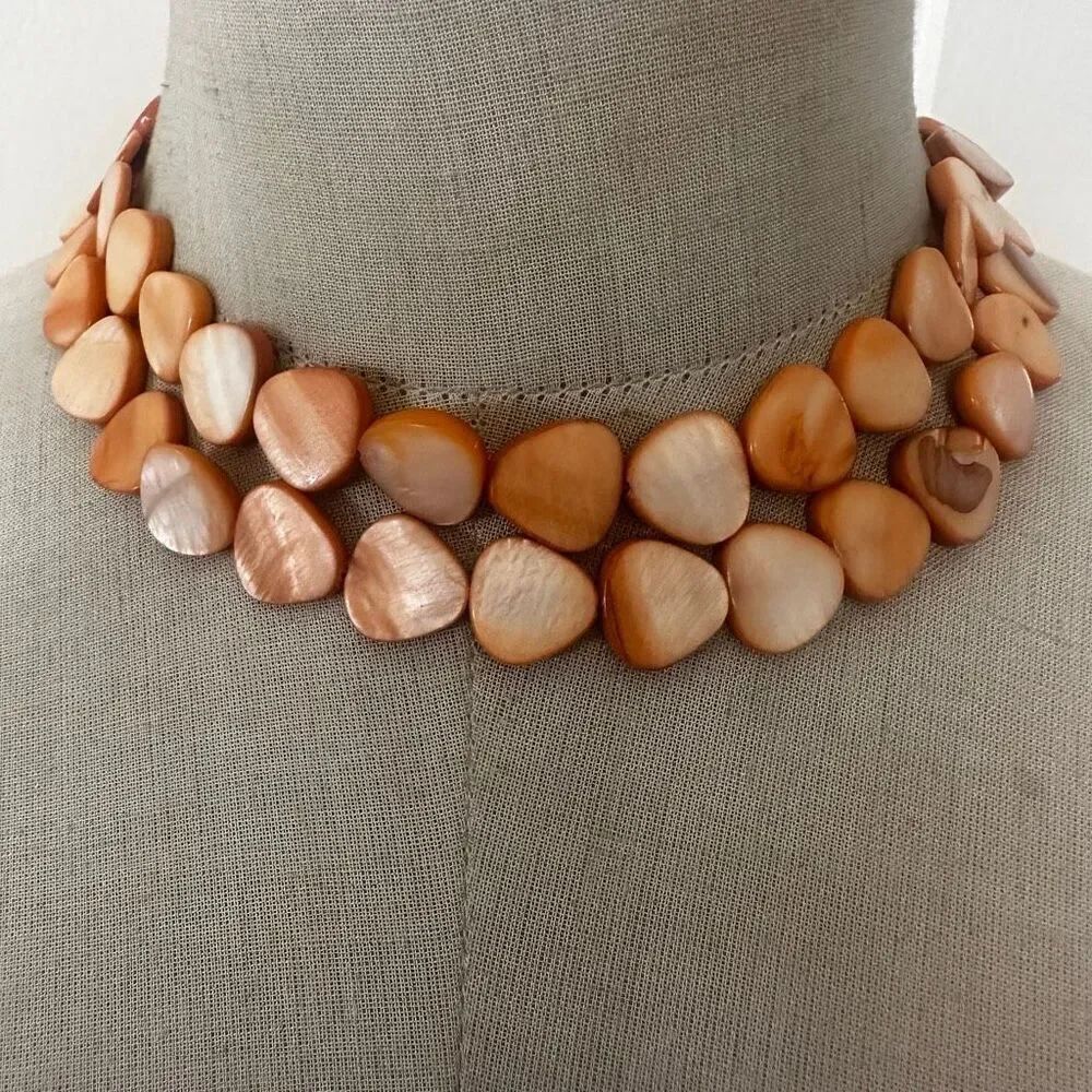 Vintage Orange Shell Mother of Pearl Double Strand Necklace w/ Sterling Clasp